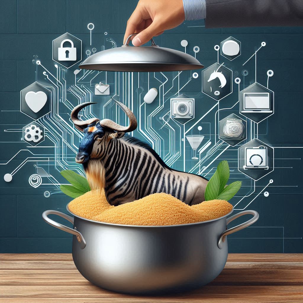 une couscoussière moderne avec des icônes de technologies et un gnou dans une posture originale